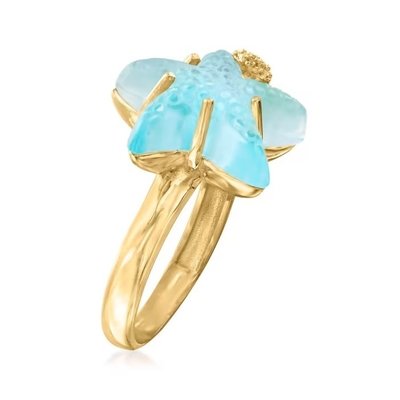 Italian Blue Enamel Starfish Hoop Earrings in 14kt Yellow Gold. 1 1/4