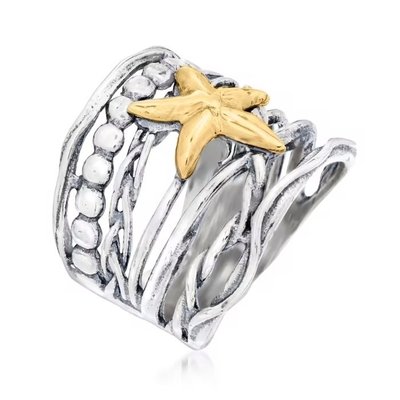 Sterling Silver and 14kt Yellow Gold Multi-Row Starfish Ring