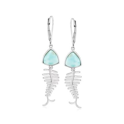 Larimar Fish Bone Drop Unique Gems Earrings in Sterling Silver