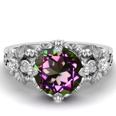 Anéis de noivado de prata esterlina banhada a ouro 14K com arte vintage de corte redondo de topázio branco místico