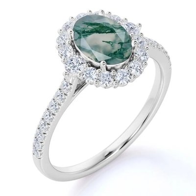 Único S925 chapado en oro rosa de corte redondo blanco CZ Joyería Natural Moss Agate Anillos Anillo de la fábrica de diseño de alta calidad