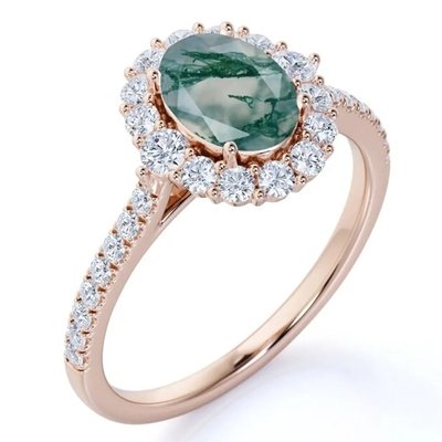 Único S925 chapado en oro rosa de corte redondo blanco CZ Joyería Natural Moss Agate Anillos Anillo de la fábrica de diseño de alta calidad