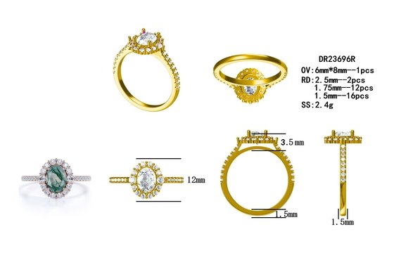 Único S925 chapado en oro rosa de corte redondo blanco CZ Joyería Natural Moss Agate Anillos Anillo de la fábrica de diseño de alta calidad