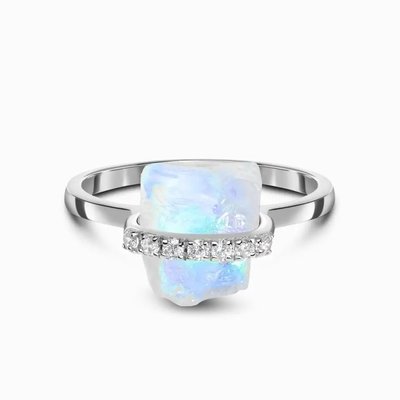 925 Sterling Silver Natural Raw Stone Moonstone Gemstone Jewelry Wedding Engagement Ring