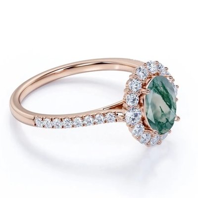 Único S925 chapado en oro rosa de corte redondo blanco CZ Joyería Natural Moss Agate Anillos Anillo de la fábrica de diseño de alta calidad