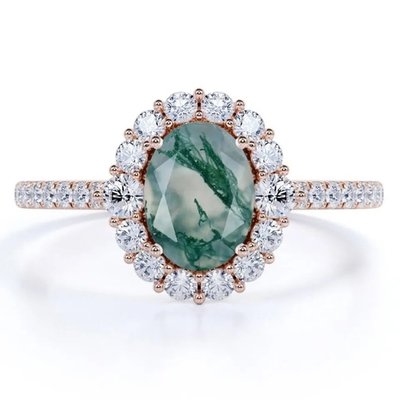 Único S925 chapado en oro rosa de corte redondo blanco CZ Joyería Natural Moss Agate Anillos Anillo de la fábrica de diseño de alta calidad