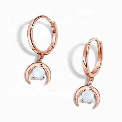 Rose Gold Plated 925 Sterling Silver Rainbow Moonstone Earrings Baguette Cut