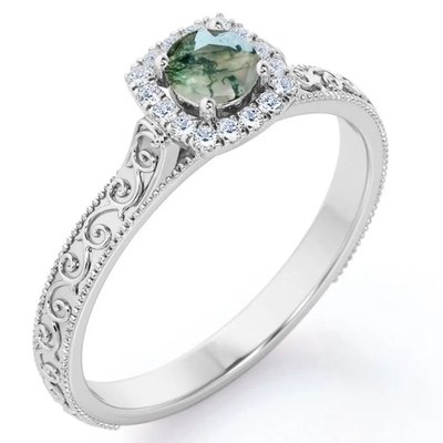 Vintage S925 Blue Green Moss Agate Ring 14K Rose Gold Plated White CZ Jewelry