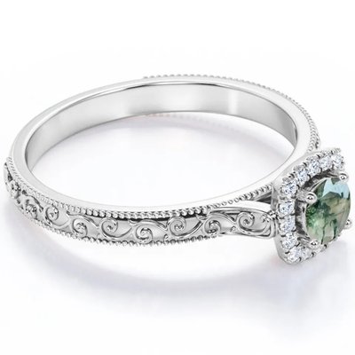 Vintage S925 Blue Green Moss Agate Ring 14K Rose Gold Plated White CZ Jewelry