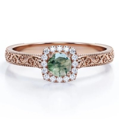 Vintage S925 Blue Green Moss Agate Ring 14K Rose Gold Plated White CZ Jewelry