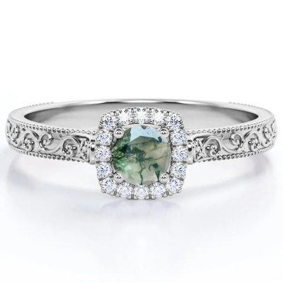 Vintage S925 Blue Green Moss Agate Ring 14K Rose Gold Plated White CZ Jewelry