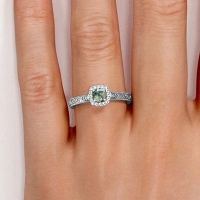 Vintage S925 Blue Green Moss Agate Ring 14K Rose Gold Plated White CZ Jewelry