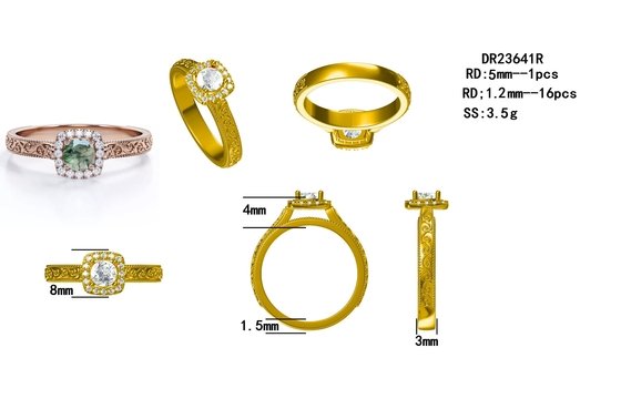 Vintage S925 Blue Green Moss Agate Ring 14K Rose Gold Plated White CZ Jewelry