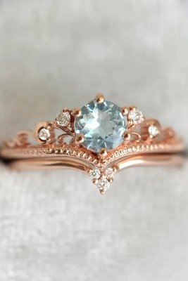 Delicate S925 Rose Gold Plated Natural Round Shape Aquamarine Ring Women Jewelry