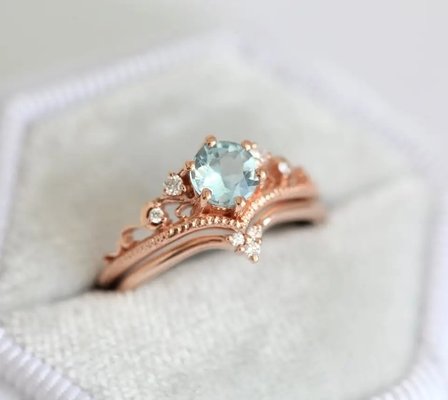 Delicate S925 Rose Gold Plated Natural Round Shape Aquamarine Ring Women Jewelry