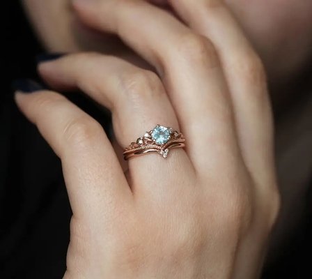 Delicate S925 Rose Gold Plated Natural Round Shape Aquamarine Ring Women Jewelry