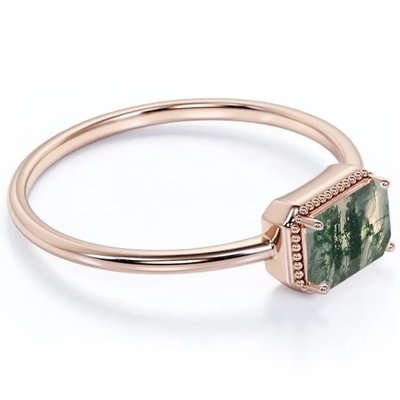 Vintage S925 Sterling Silver Rose Gold Plated Jewelry Green Moss Agate Raw Ring Fine Quality Factory Jewelry