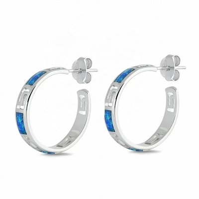 925  With Sterling Silver Greek  Key  Blue   Meander Vintage Sterling Opal Ring Hoop Earrings