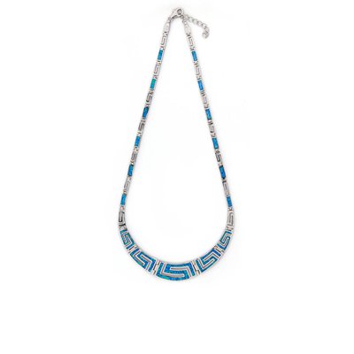 925  With Sterling Silver Greek  Unique Pattern  Designs Bule  Opal  Meander Round  Necklace