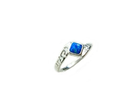 Sterling Sliver 925 Ancient Greek  Meander Key Modern Fire Rainbow Blue  Opal Engagement Ring