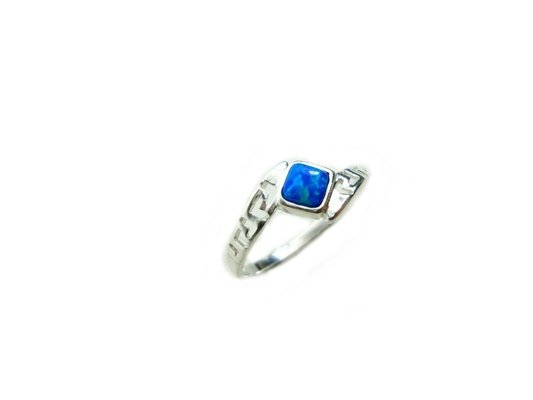 Sterling Sliver 925 Ancient Greek  Meander Key Modern Fire Rainbow Blue  Opal Engagement Ring