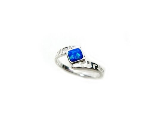 Sterling Sliver 925 Ancient Greek  Meander Key Modern Fire Rainbow Blue  Opal Engagement Ring