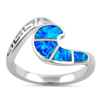 Sterling Sliver 925 Ancient Greek  Meander Key Modern Wave Design Blue Opal Ring For Women