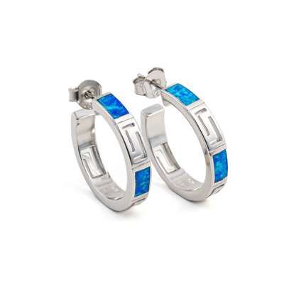 Personalização por atacado 925 Sterling Silver Blue Opal Greek Key Half Hoop Earrings For Women