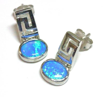925 Sterling Silver Meander Modern Design Retro Blue Opal Greek Key Dangle Earrings Quality Jewelry