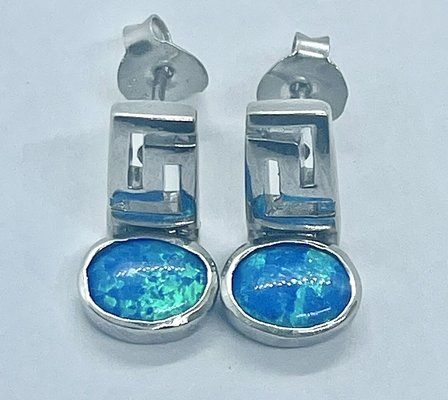 925 Sterling Silver Meander Modern Design Retro Blue Opal Greek Key Dangle Earrings Quality Jewelry