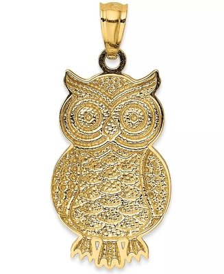 Textured Owl Charm Bead Pendant in 14K Gold with Rhodium Plating For Women