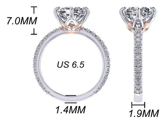 OEM 18Kホワイトゴールドダイヤモンドリング、クッションカットエンゲージリング8.13×7.87×5.13mm