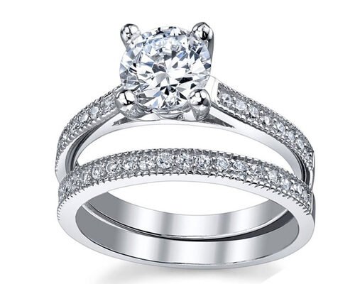 Round Cut 1.25 Carat Diamond Ring , 18K White Gold Ring Set For Wedding