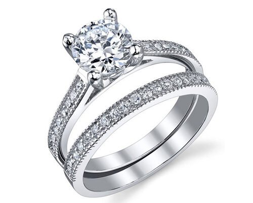 Round Cut 1.25 Carat Diamond Ring , 18K White Gold Ring Set For Wedding