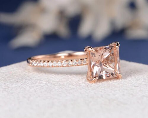 Anel de joalharia de diamante verdadeiro Morganite com corte de princesa 6×6mm