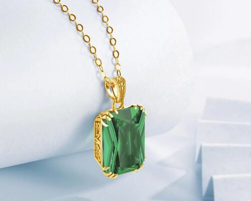 Vintage 14K Gold Necklaces 2.67ct 8×10mm With Natural Emerald Pendant