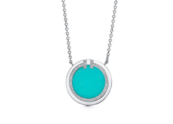 18k White Gold Diamond And Turquoise Circle Pendant with 16-18inch Chain